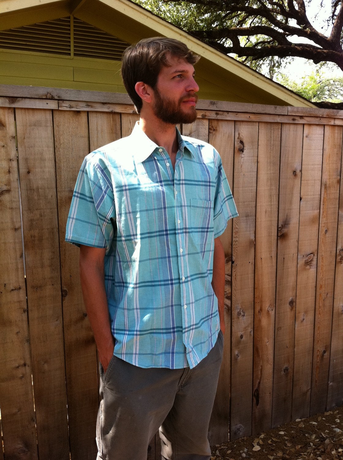 Vintage Mens Blue Plaid Button Up