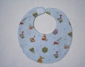 Baby Bibs, four soft layers, reversible, blue with baby boy toys