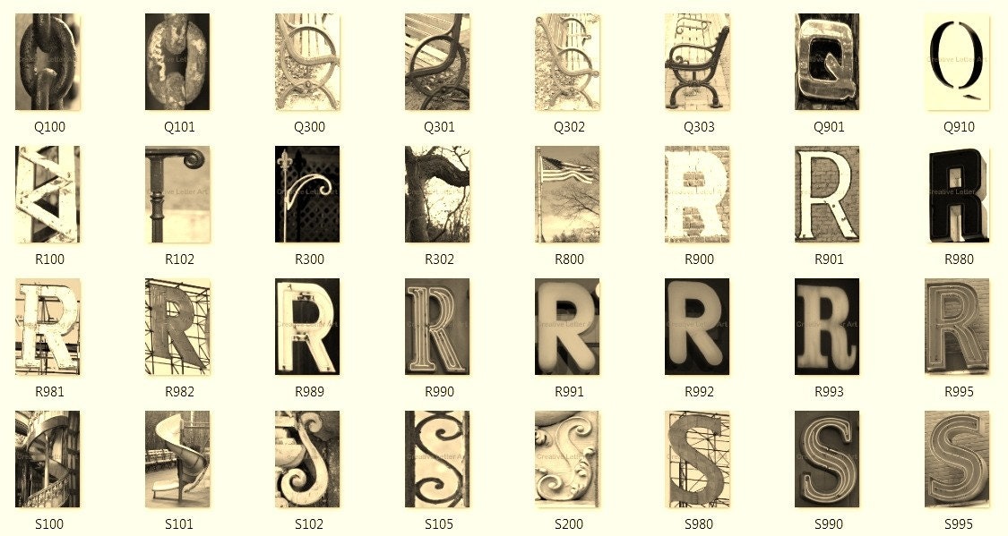 Alphabet Letter Photograph Q R S T U V W X Y Z Sepia with Optional Mat & Framing available