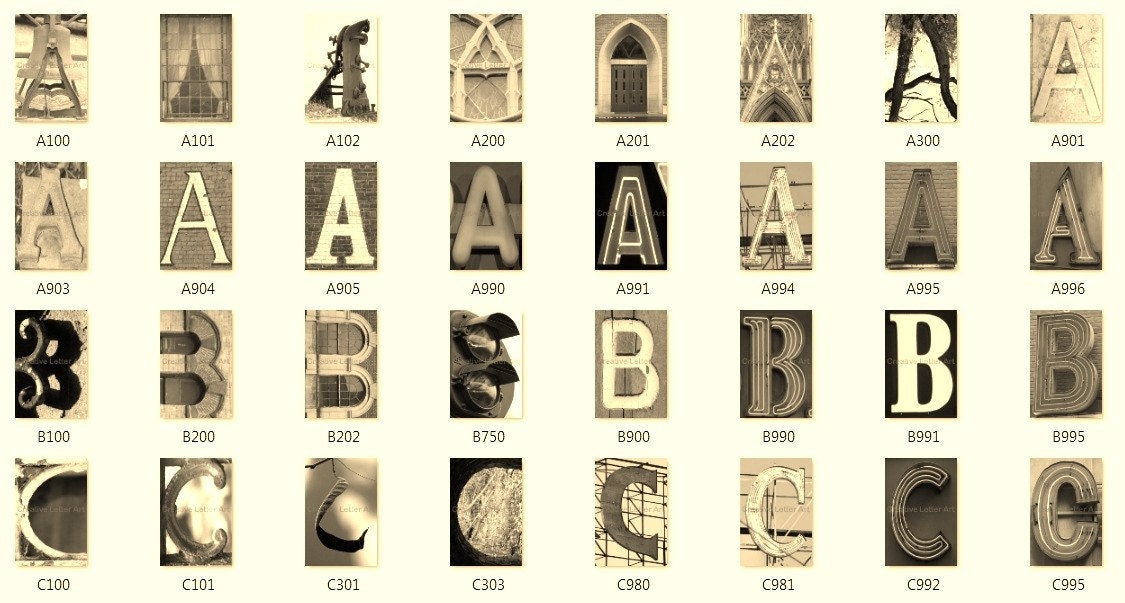 Alphabet Letter Art Photography in Sepia A B C D E F G H I J K L M N O P with Optional Mat & Framing available