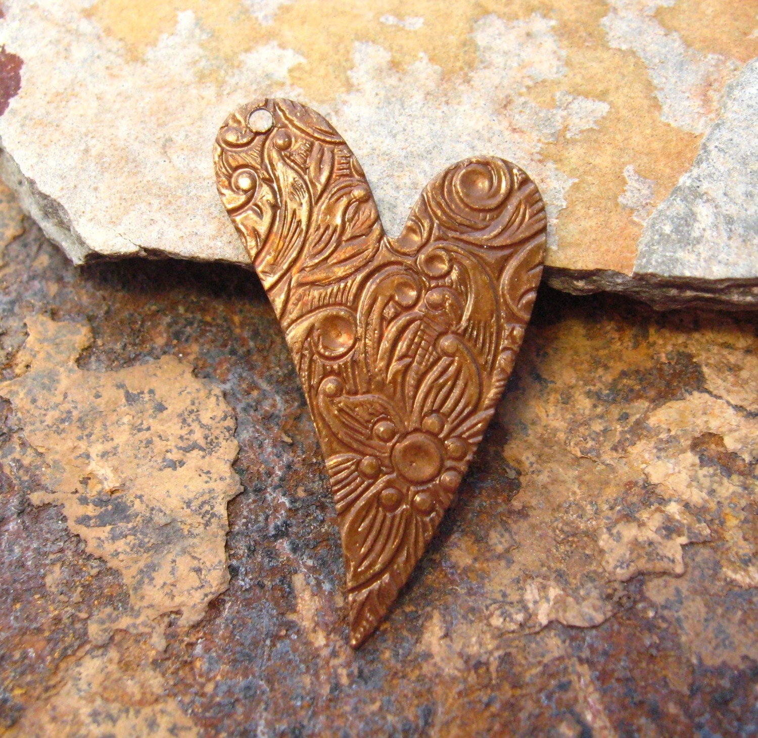 LOW SHIPPING 2 Trinity Vintage Patina Floral Engraved Heart Drop Left Facing - Trinity Brass Co.