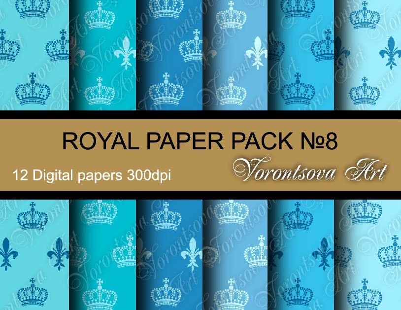 White crown french fleur de lis on blue backgrounds. Digital Paper Pack. Collage image sheet, set of 12 papers. Printable download. 508