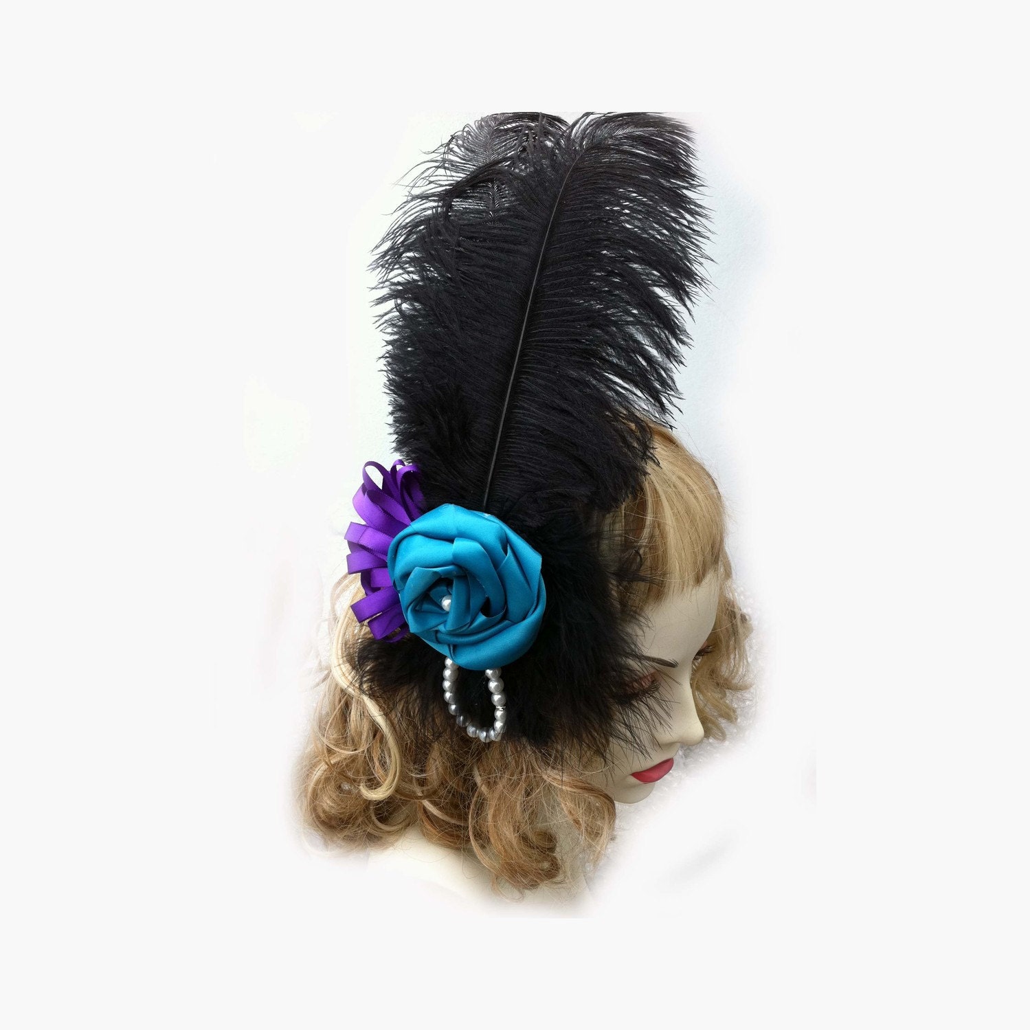 Burlesque Blue and Purple Headpiece Hat Fascinator with Ostrich Feather and Faux Pearls