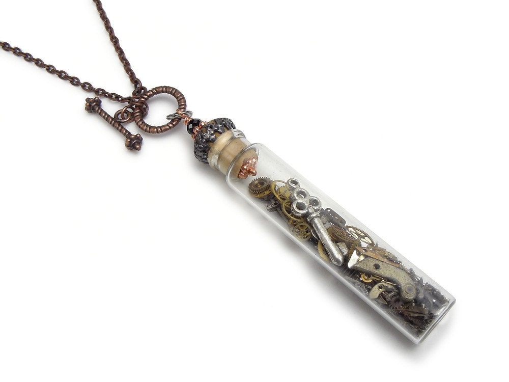 Steampunk Necklace antique glass vial watch parts gears skeleton key time in a bottle silver filigree copper pendant Steampunk Nation R1041