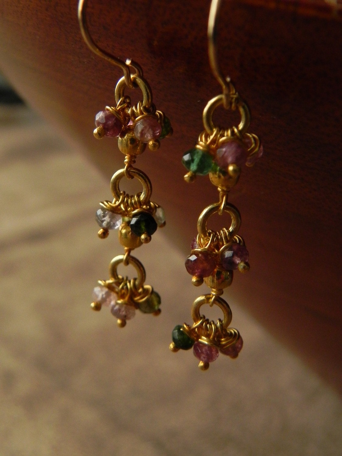 SALE  Colorful Toumaline and Vermeil Cluster Chain and Gold Filled Earrings  SALE