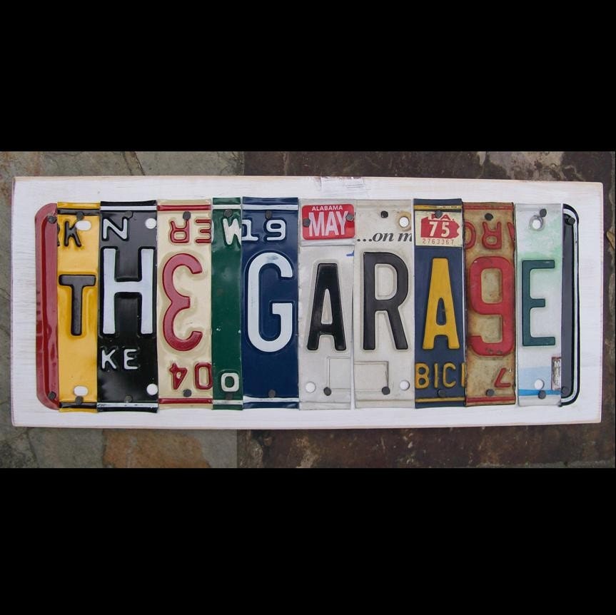 The GARAGE Funky Name Word Block Personalized with your Saying - Child's Name - Last Name - Wedding - Recycled Art Company - Vintage License Plate Sign Art