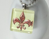 Glass Tile Pendant Necklace - Vintage Style FLEUR DE LIS