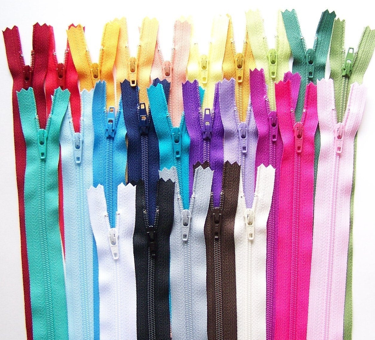 8 Inch YKK Zipper Sampler Pack red orange yellow blue green brown black white grey brown magenta pink teal 25 bright bold colors SALE