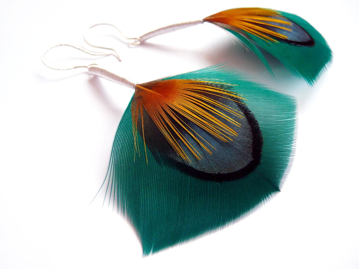 Iridescent Feather Earrings in Deep Teal, Green and Yellow