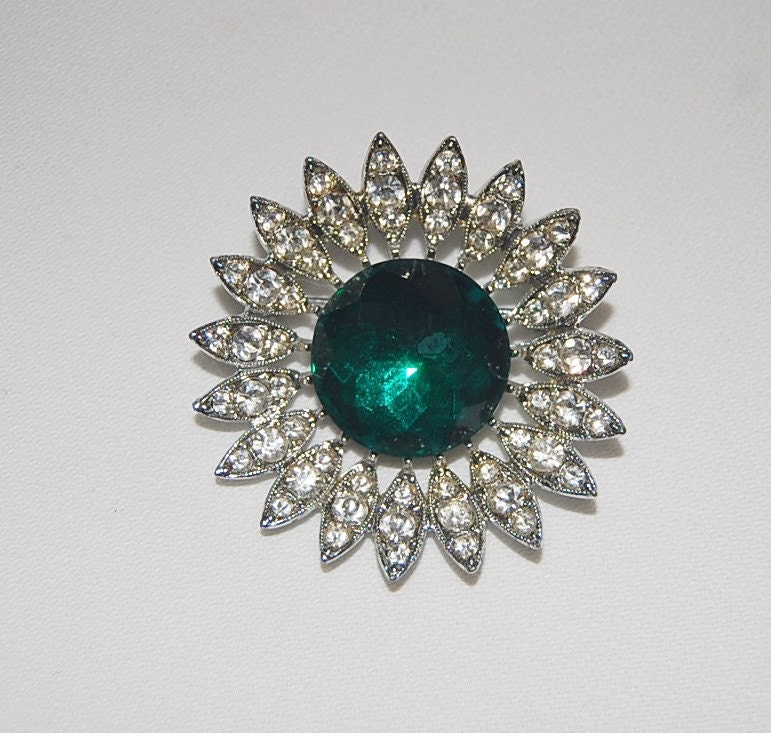 Black Friday - Cyber Monday - Sarah Coventry, Vintage Brooch, Silver-tone with Faceted Emerald Green Rhinestone Center - called Kathleen