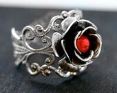 Steam Punk Ring - Silver Rose Ring with Red Crystal - Adjustable