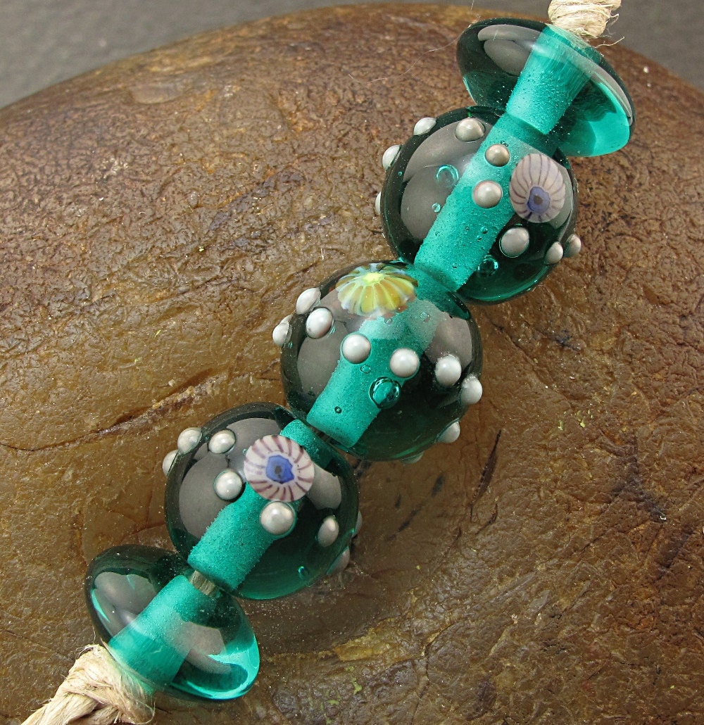 Lampwork Bead Set (5) -Sea Green Orbits- Handmade by Andrea Pirkey SRA Jasio