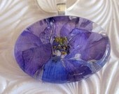 Rich Blue Purple Larkspur Oval Glass Real Pressed Flower Pendant-Symbolizes An Open Heart