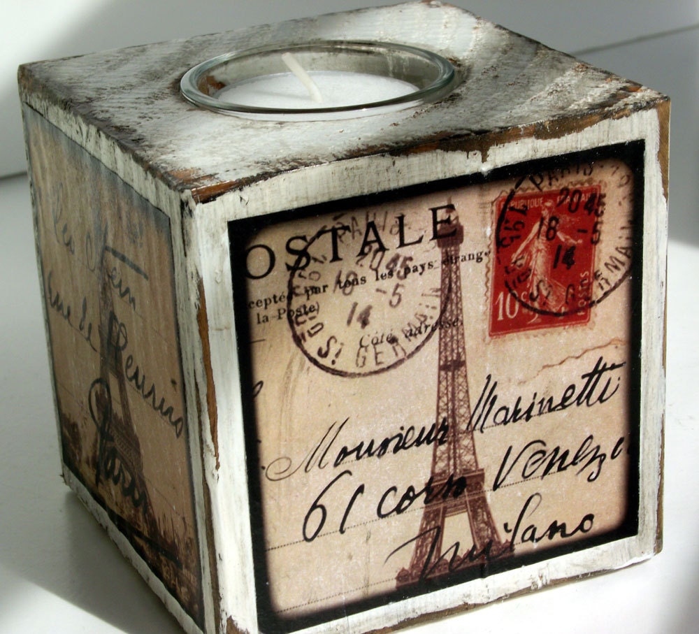 Vintage Paris Wooden Votive Holder  Blocks Tea Light  Candle Holders Hostess Gift Paris Decor