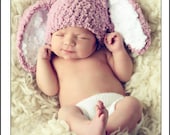 0 to 3 Newborn Hat - Bunny Hat Baby Beanie - Crochet Baby Hat Bunny Ears in Plum, White - Rabbit Hat For Girls - Infant Photo Prop