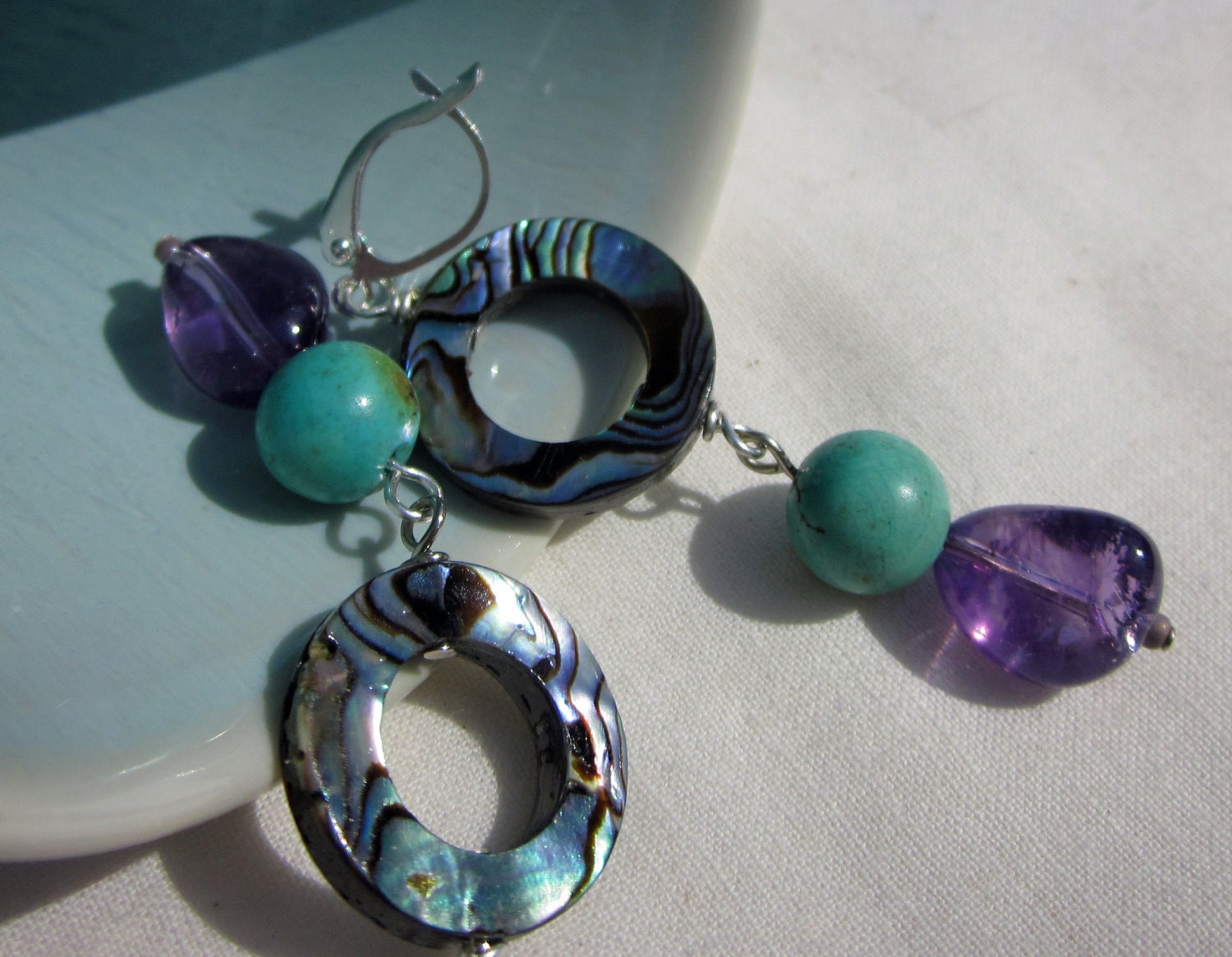 Turquoise and Amethyst Earrings with Abalone Shell