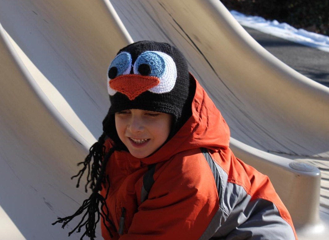 Crocheted / Knitted Penguin Earflap Hat - Made To Order - size Newborn - Adult
