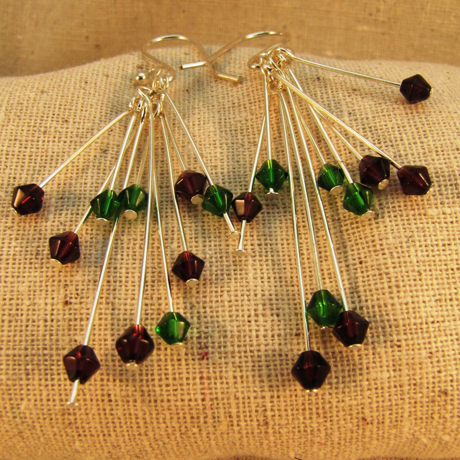 Green and Purple Crystals, Silver Earrings "Attention"