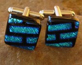 Turquoise Blue Brick  Dichroic Fused Glass Unisex Cufflinks