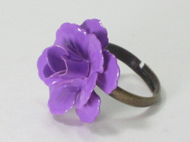 Vintage Inspired Iron Flower Ring on Brass Adjustable Band - PURPLE ROSE