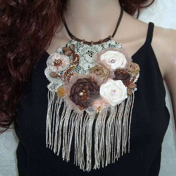 Sugar and Spice Shabby Chic Statement Necklace with Sparkling Fringe and Fabric Roses Beaded