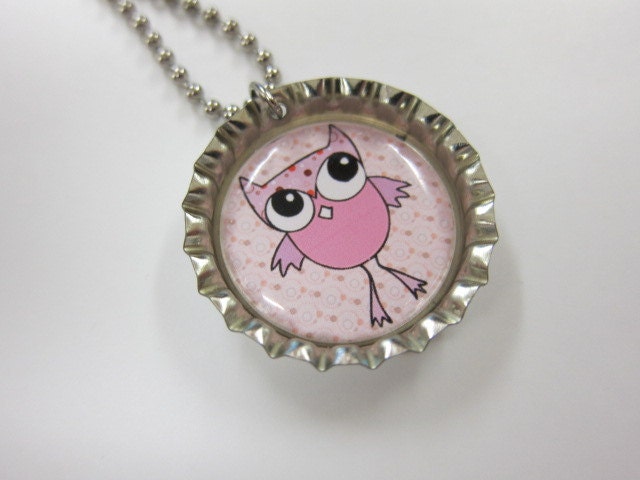 Bottle Cap Necklace on Ball Chain - Pink Owl