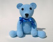 Teddy bear crochet amigurumi animals baby boy teddy bear plush handmade in pastel baby blue with satin polka dot ribbon