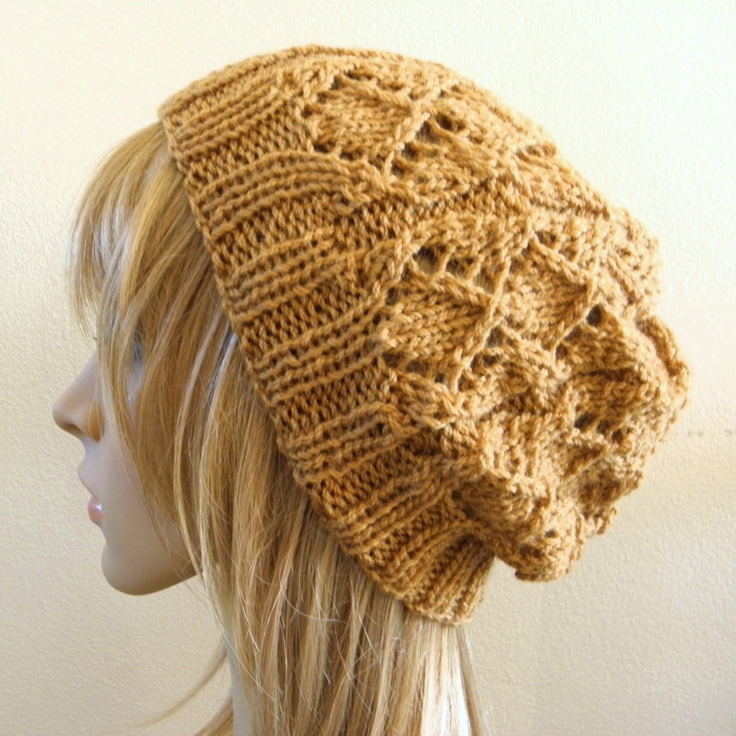 Lacy beret slouchy hat in caramel toffee camel brown wool hand knit
