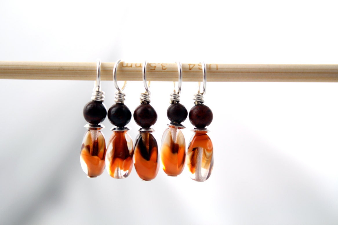 Orange Glowing Orbs- Knitting Stitch Markers- Set of 5- Small