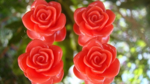 4 Beautiful Deep Coral Rose Flower Resin/Lucite Cabochons 28 mm