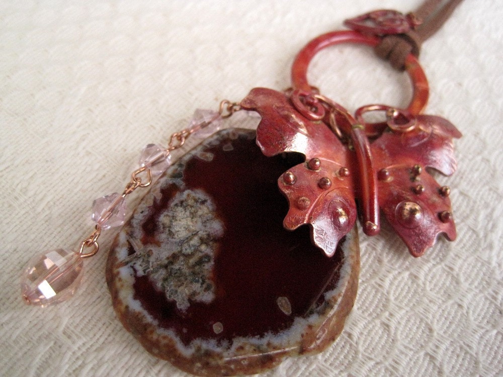 Charm Copper Butterfly Talisman Necklace Fantasy Suede Cord Long Length