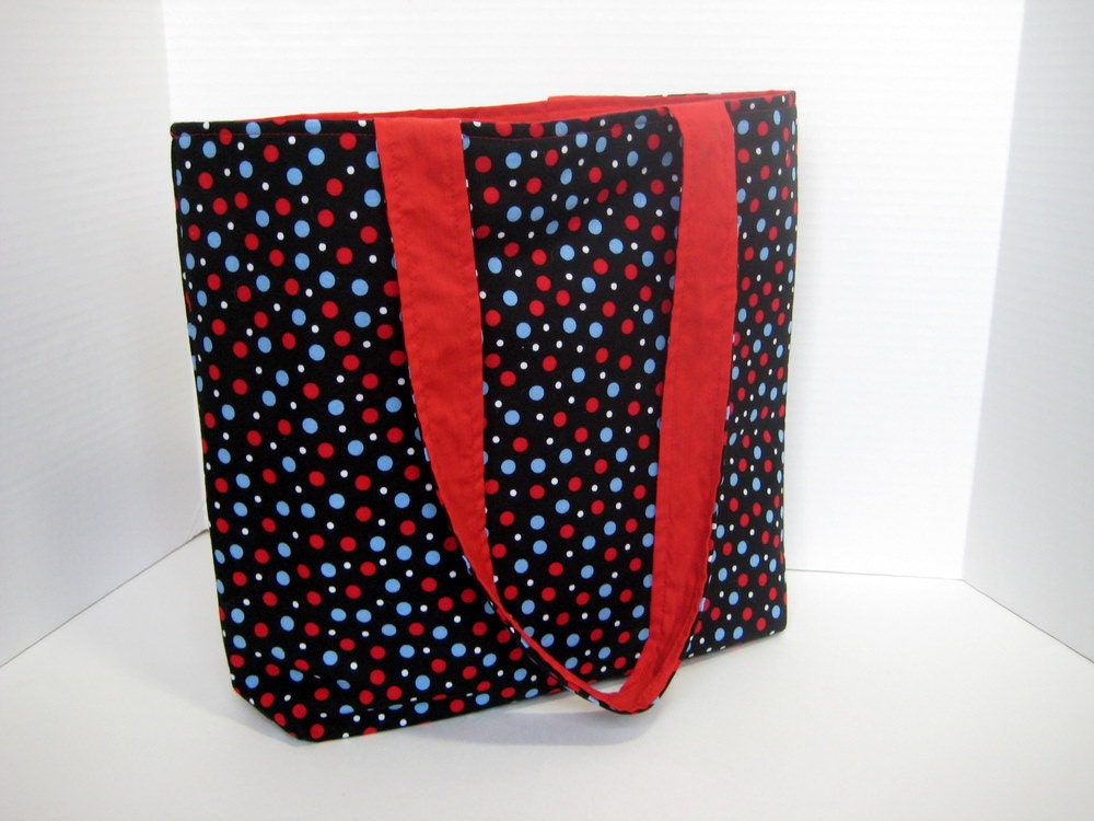 Tote Bag- Blue and red dots on black, with pocket and magnetic snap