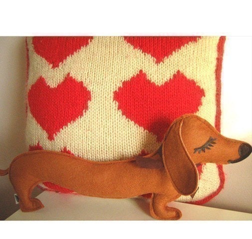 Barbeque the Dachshund Weiner Dog Wool Felt Applique Plush Doll Pillow