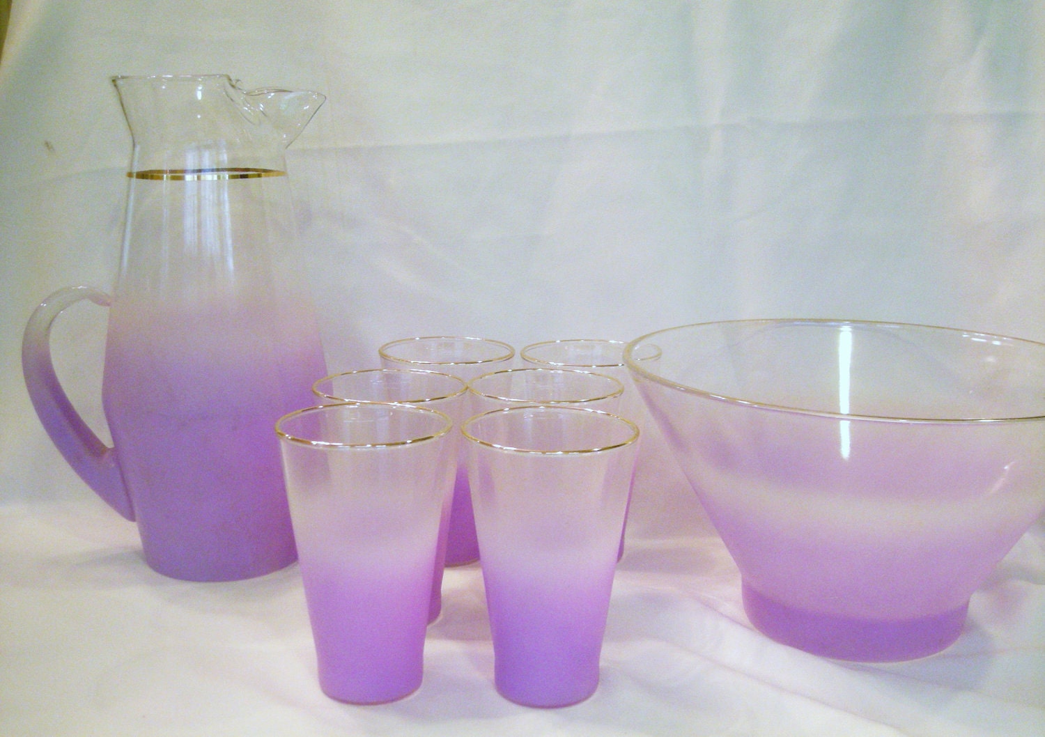 Vintage  Hollywood Regency  Cocktail Glass  Set Pitcher  6 Glasses and Bowl Purple Blendo