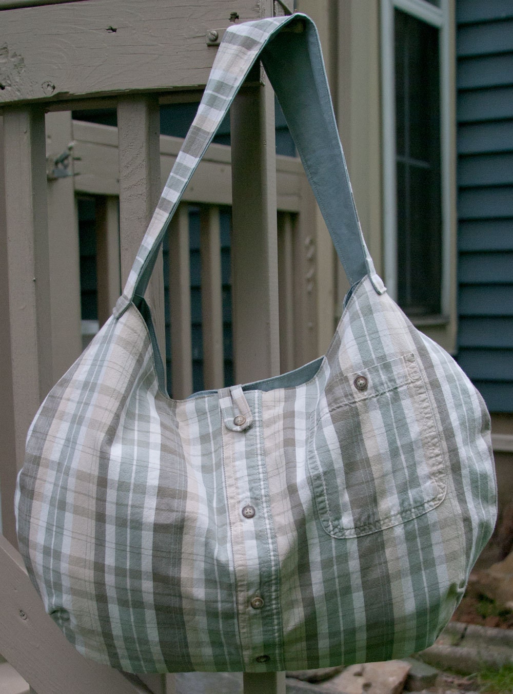 No. 417 - Sage Green, Tan, and White Plaid and Sage Green Solid Hobo Bag, reversible and BIG