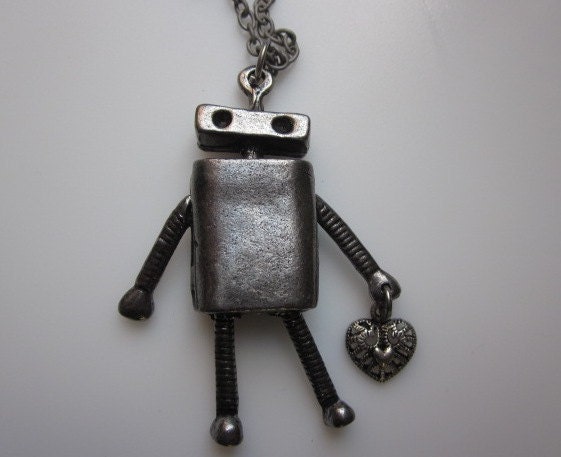 THE AWKWARD ROBOT Brings You Love. A Moveable Robot Necklace in Antique Silver Gunmetal Finish