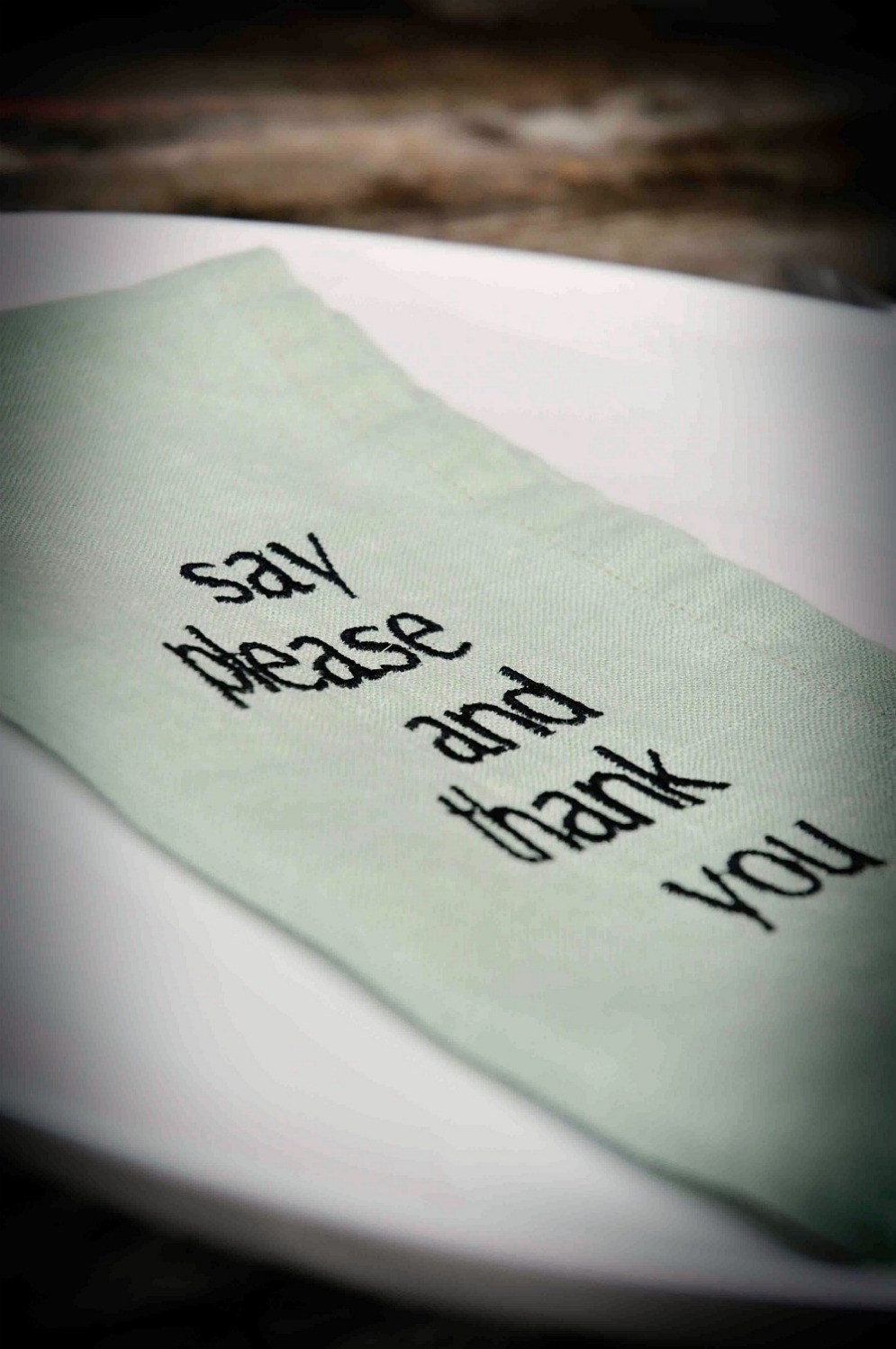 Cloth Napkins in WILLOW Green Linen With Typography Manners Sayings Set of 6