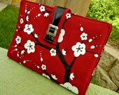 Kindle Fire Cover, Nook Cover, e-reader Cover-Red and Black Padded Book Style Cover Hand Painted with Cherry Blossoms
