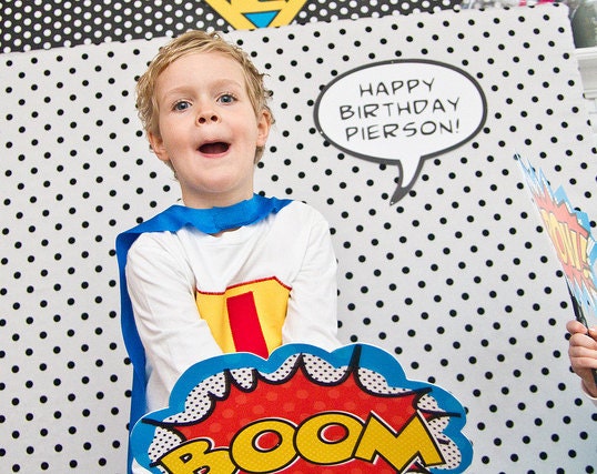 Vintage SUPER HERO Birthday Party - Printable Photo booth Props Signs - "Boom", "Pow", "Wham" and "Happy Birthday" Callout