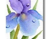 Iris Flower ORIGINAL blue purple ACEO dewdrop painting by Melanie Pruitt