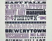 Philly Hoods Letterpress Print - Blue and Purple