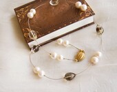 Quartz bead necklace white pearls gold wire