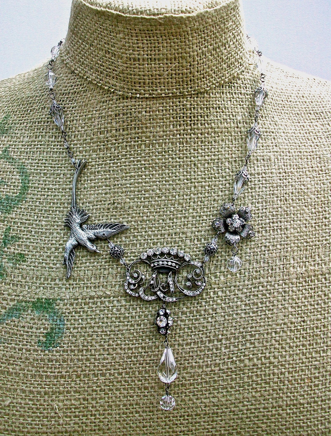 Swallow, Rose and Crown- necklace with Vintage pieces