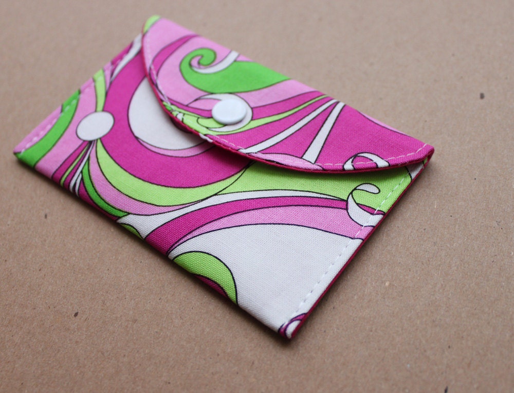Card Case Pocket Wallet in Pucci Swirls Purple and Green Mod Cotton Fabric