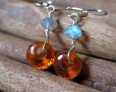 Orange Quartz, Labradorite Gold Earings