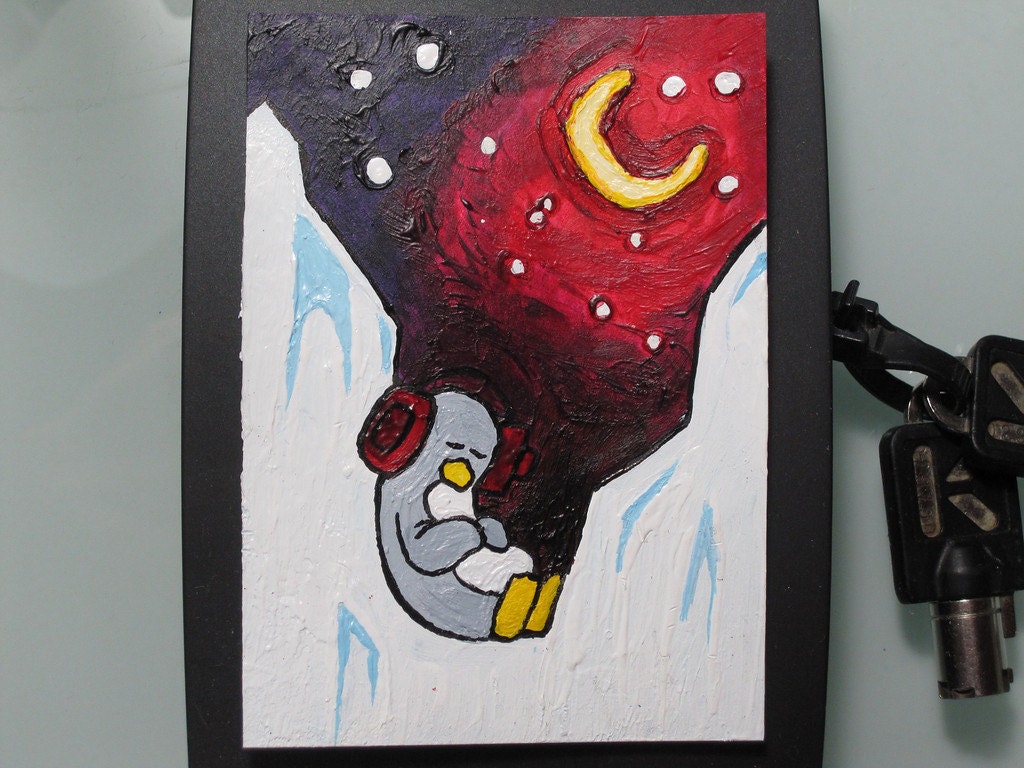 Sleepy Gentoo - Original Acrylic - ACEO Art Card