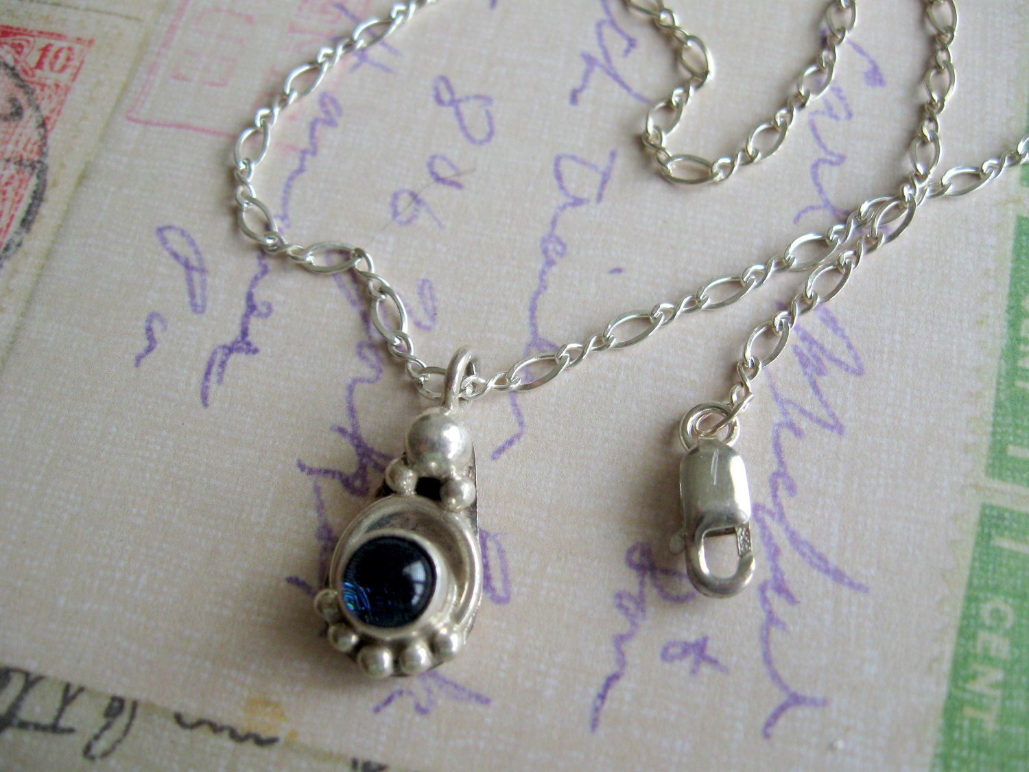 Blue Dichroic Glass and Sterling Silver Pendant Necklace, Artisan