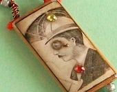 Wood Domino Steam Punk Decoupage Pendant