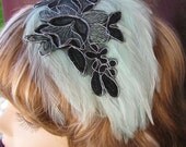 Green Feather and Vintage Applique Fascinator Hatinator HeadBand