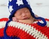 American Flag Earflap  Crochet Baby Newborn Photography Prop Ready Item